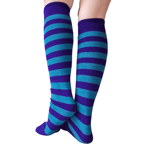 striped purple and teal high socks
