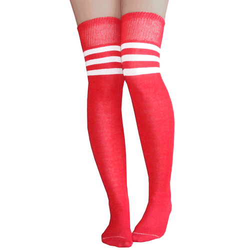 red/white athletic striped thigh highs