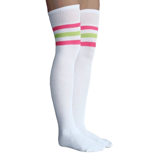 neon pink and lime green striped socks