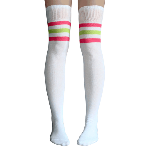 pink and lime green striped over the knee socks