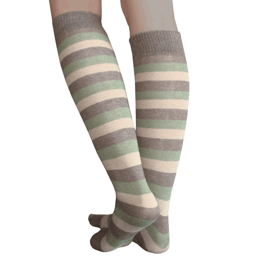 brown, khaki and olive striped knee highs