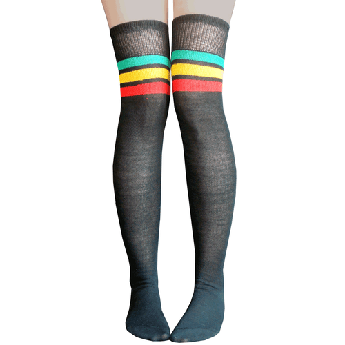 long black, green, gold and red striped socks