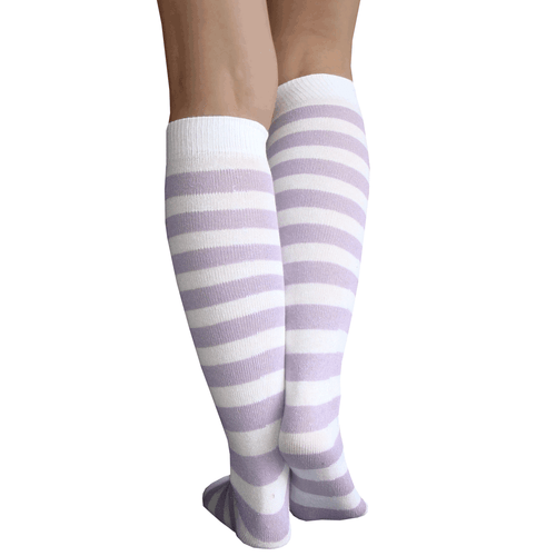White and light purple striped knee highs