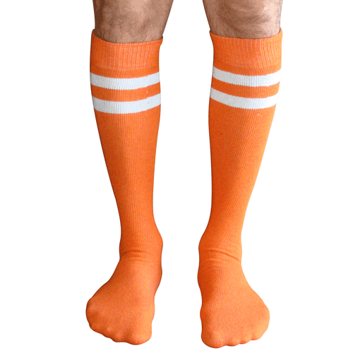 mens orange tube socks with 2 white stripes