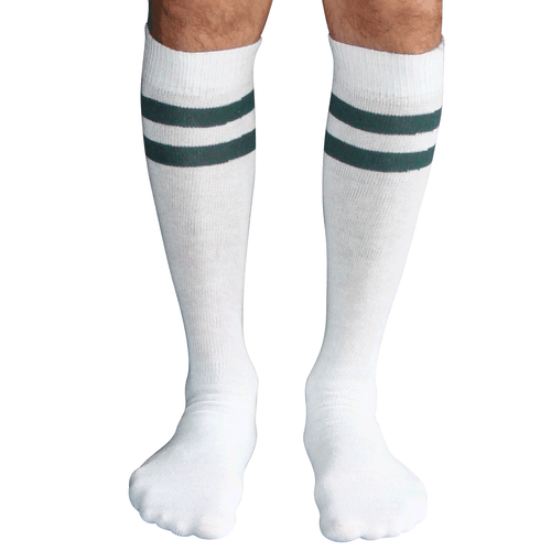 white and dark green striped tube socks (mens)
