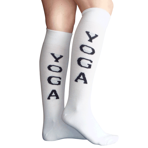 knee highs with YOGA lettering