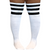 Close-up of white plus size thigh high socks with black stripes, soft acrylic nylon blend fabric, flat knit design