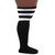 Side view of black plus size thigh highs with white stripes, flat knit construction