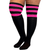 Plus size black thigh high socks with three neon pink stripes at the top, shown on model from angled front view
