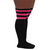 Side view of plus size black thigh high socks with three neon pink stripes, worn by model