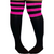 Close front view of plus size black thigh high socks featuring bold neon pink stripes at the top