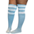 Side angle view of blue plus size thigh high socks with three white stripes at the top, worn on model