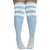 Front angle view of blue plus size thigh high socks with three white stripes at the top, worn on model