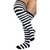 Black and white striped plus size thigh high socks, angled view with legs crossed