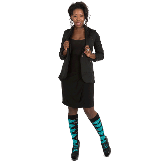 business outfit sport coat with argyle socks and heels