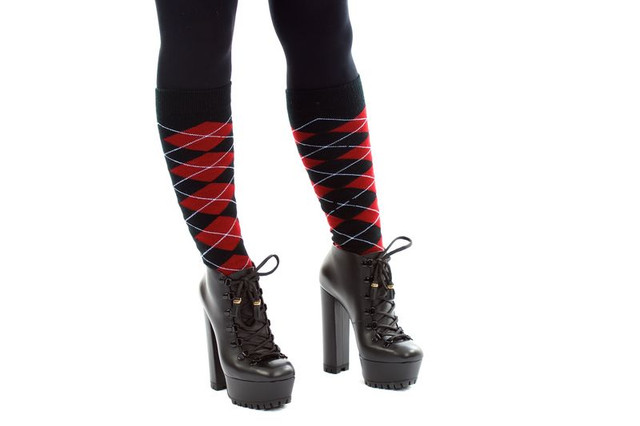 patternd socks over leggings with high heeled low ankle boots