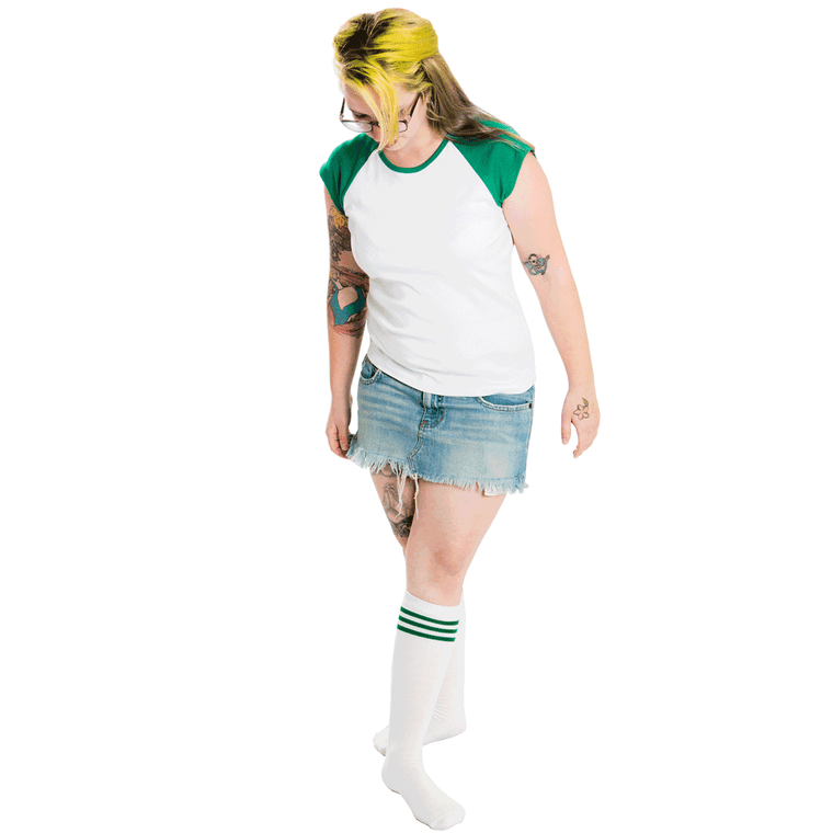 White Tube Knee Socks with Green Stripes
