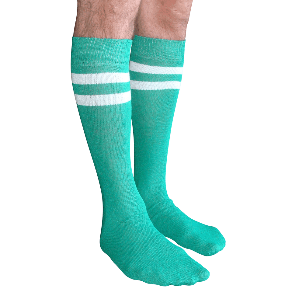 White Tube Knee Socks with Green Stripes
