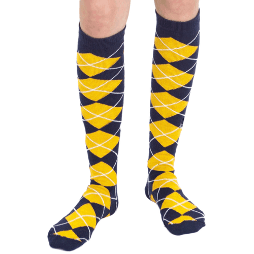 Navy Blue/Gold Argyle Knee High Socks