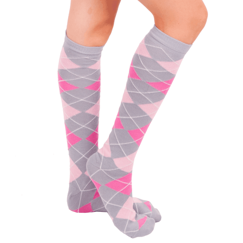 Pink & Gray Argyle Knee High Socks