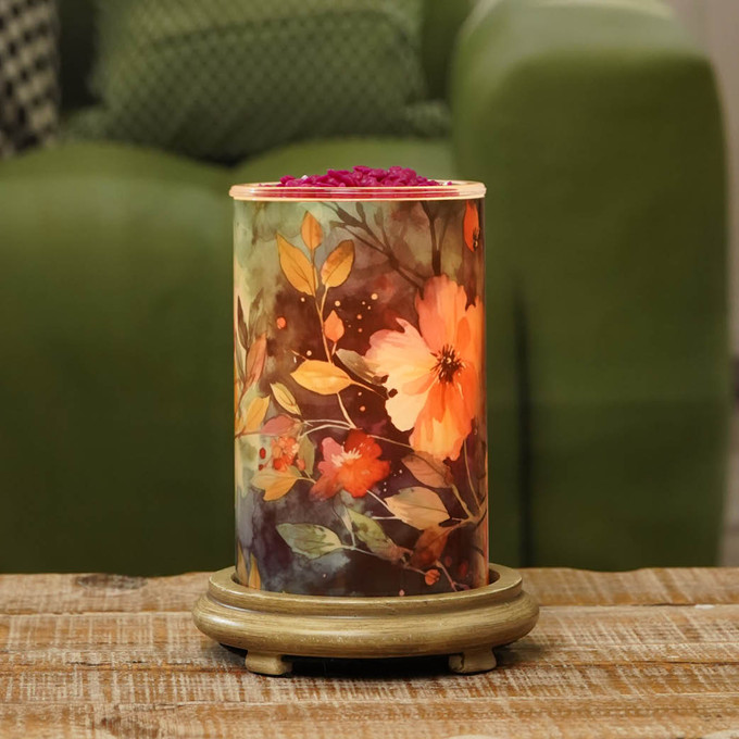 Midnight Blooms Simmering Light with Wood Grain Base - Pink Zebra Home