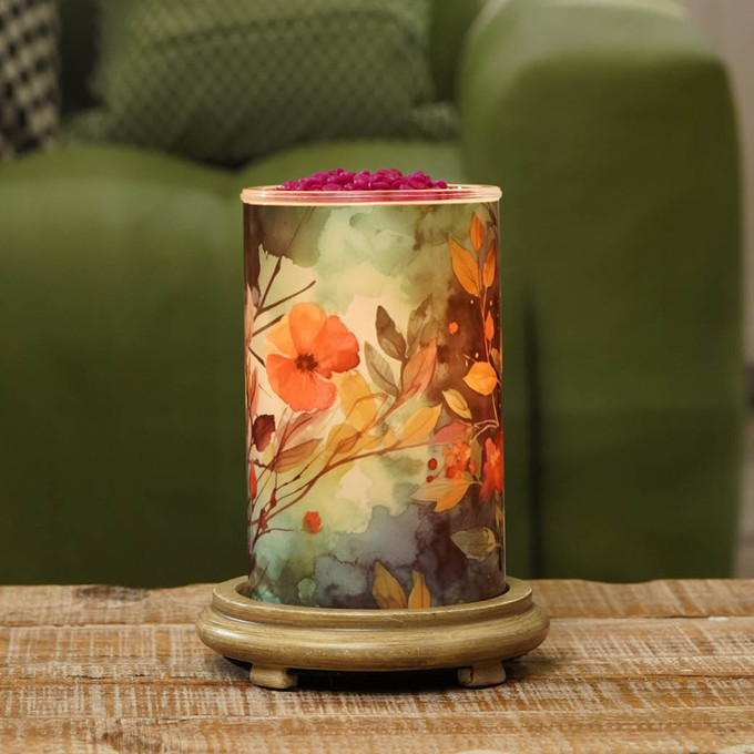 Midnight Blooms Simmering Light with Wood Grain Base - Pink Zebra Home