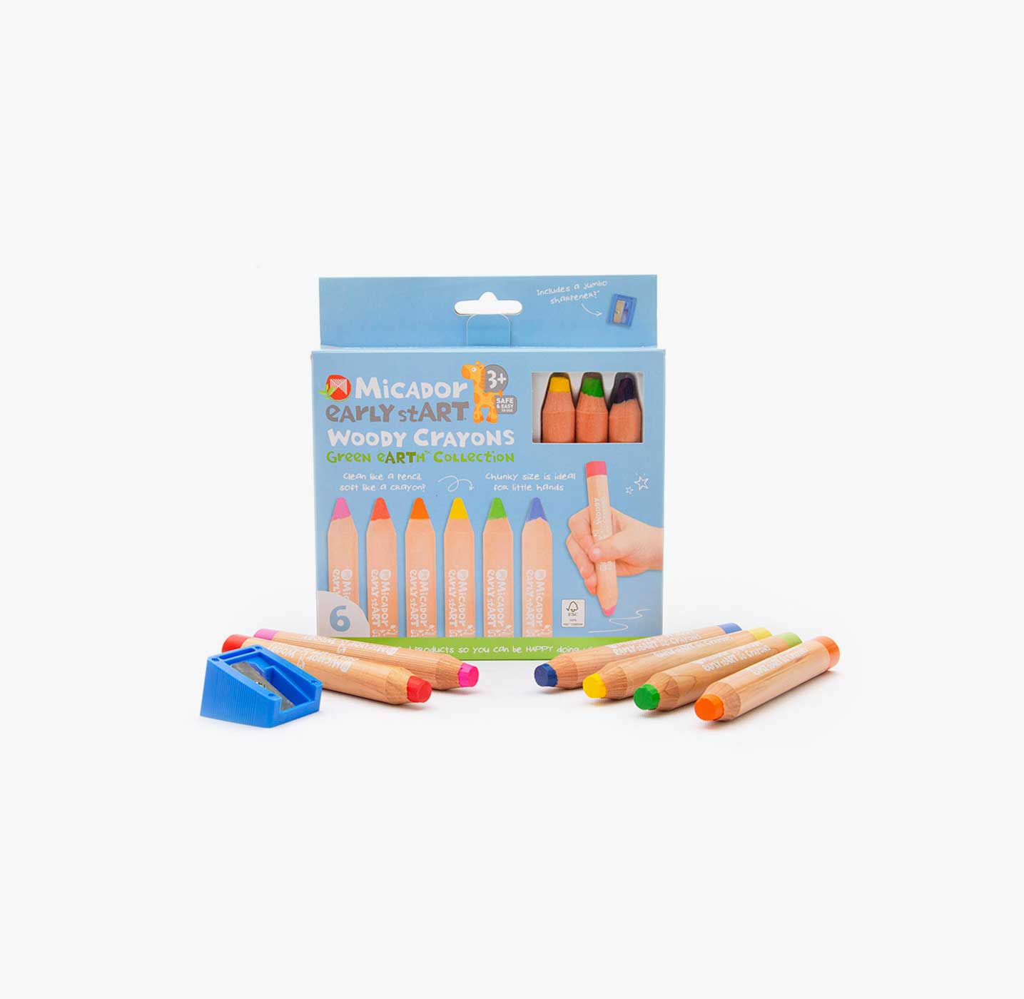 Micador - early stART - Crayons boisés, FSC 100%, enfants, sans danger pour  les tout-petits, non toxiques, 6 gros crayons, taille-crayon Jumbo 