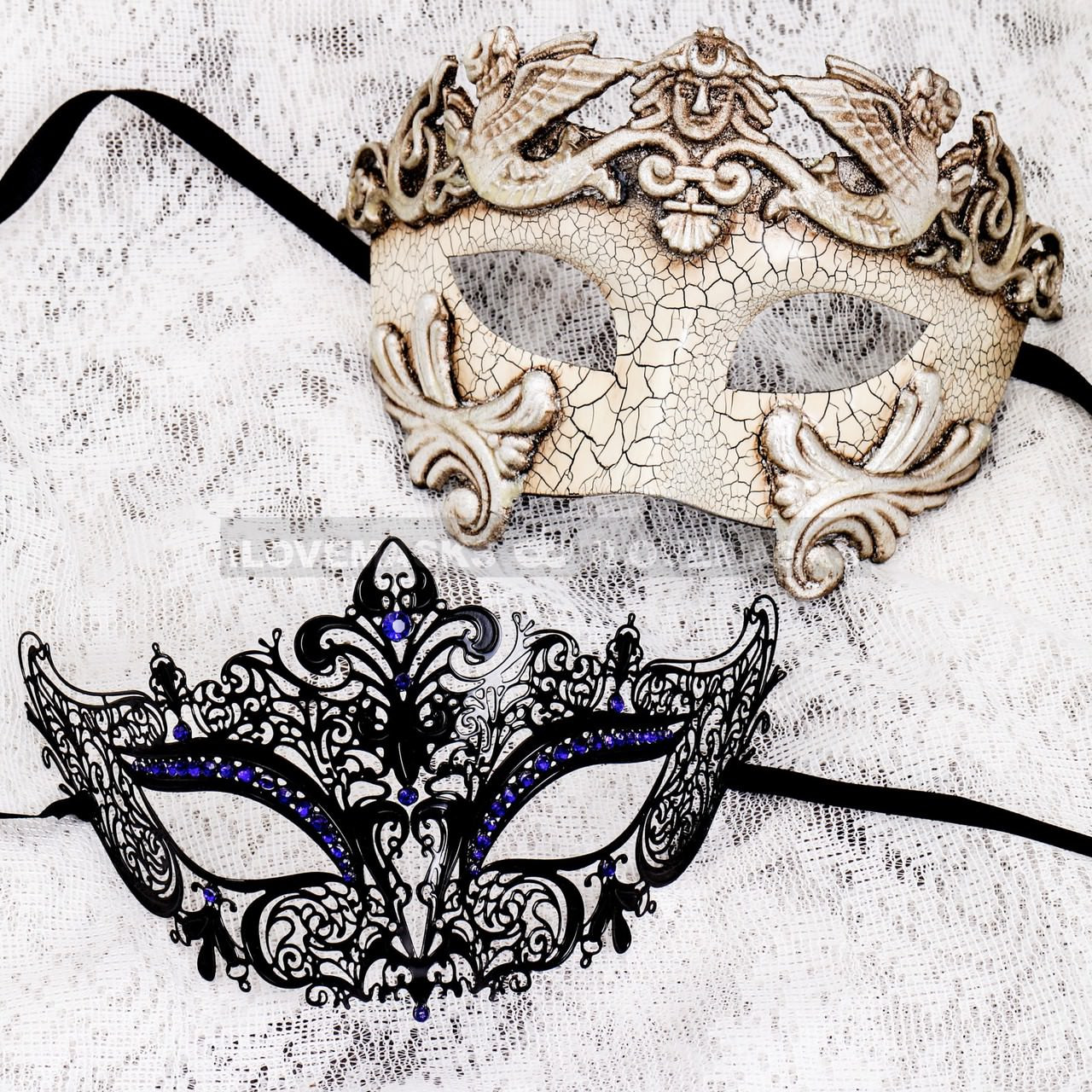 White Silver Cracked Full Face Roman and Black Blue Princess Masquerade  Mask for Couple