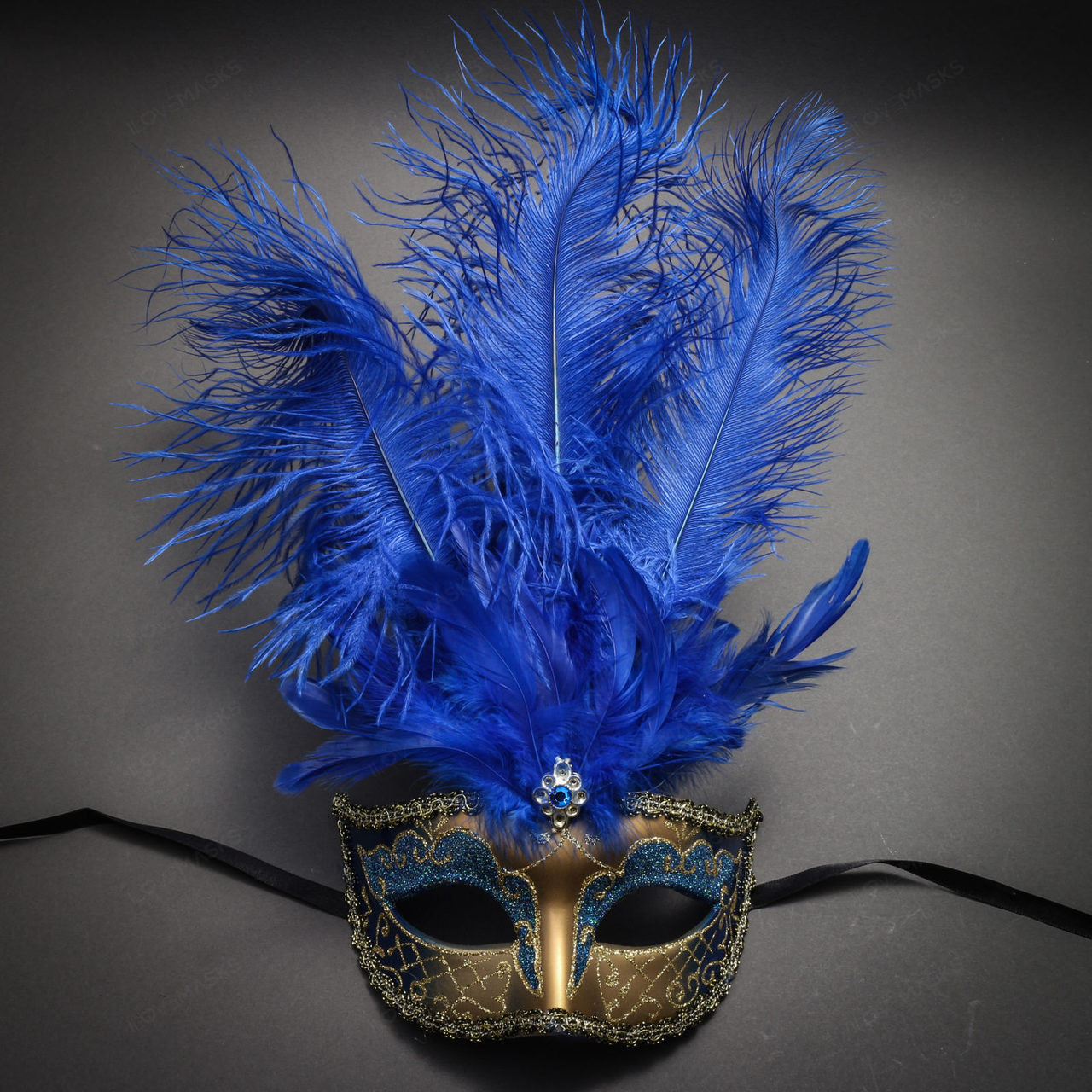Venetian Glitter Crystal Masquerade Party Mask with Feather - Gold