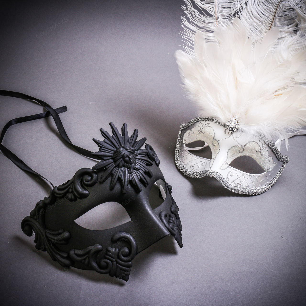 Black Roman Greek Emperor & Silver Mardi Gras Eye Mask with Top White  Feather Couple Masks Set