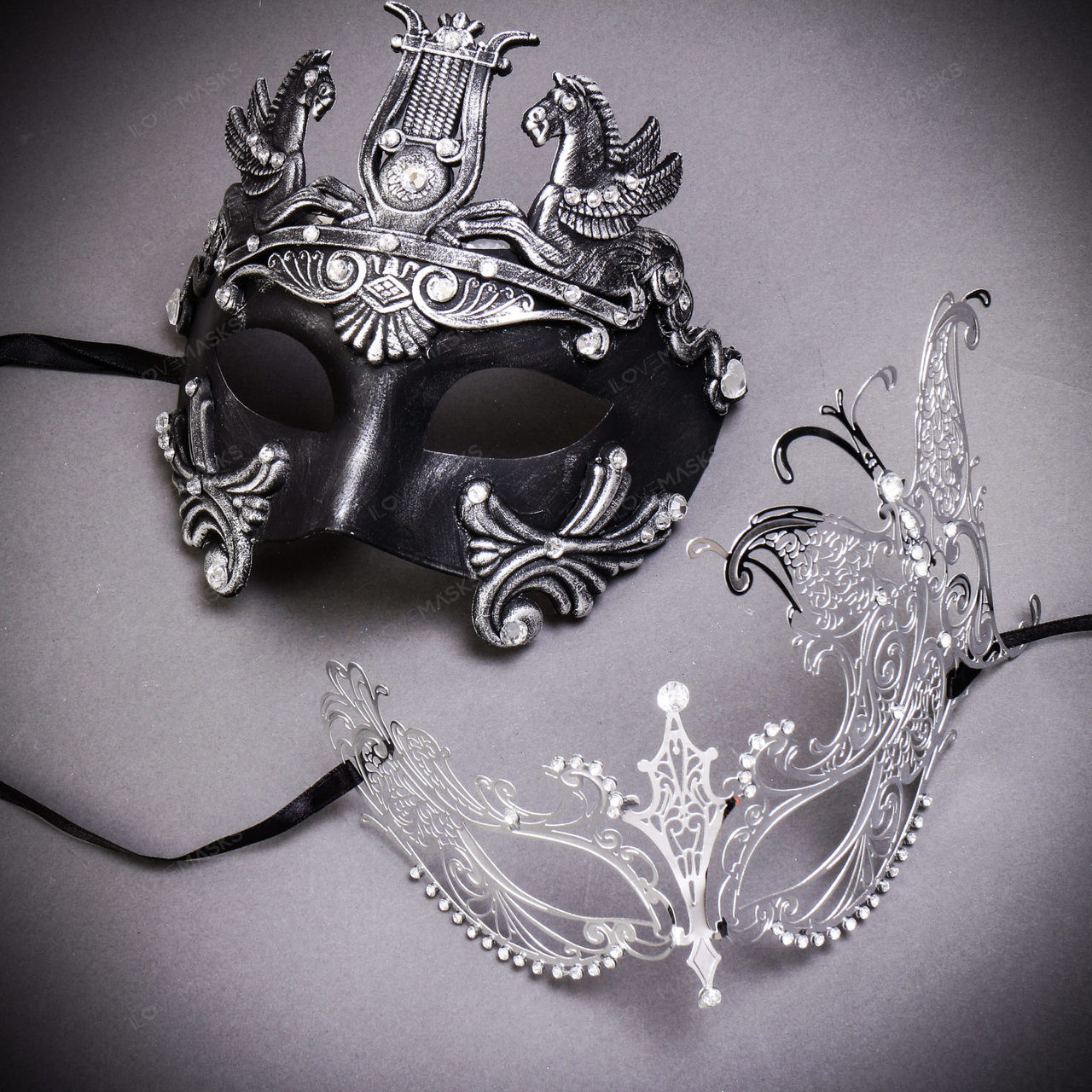 Black Full Face Venetian Pegasus Horse and Black Silver Swan Mask for Couple