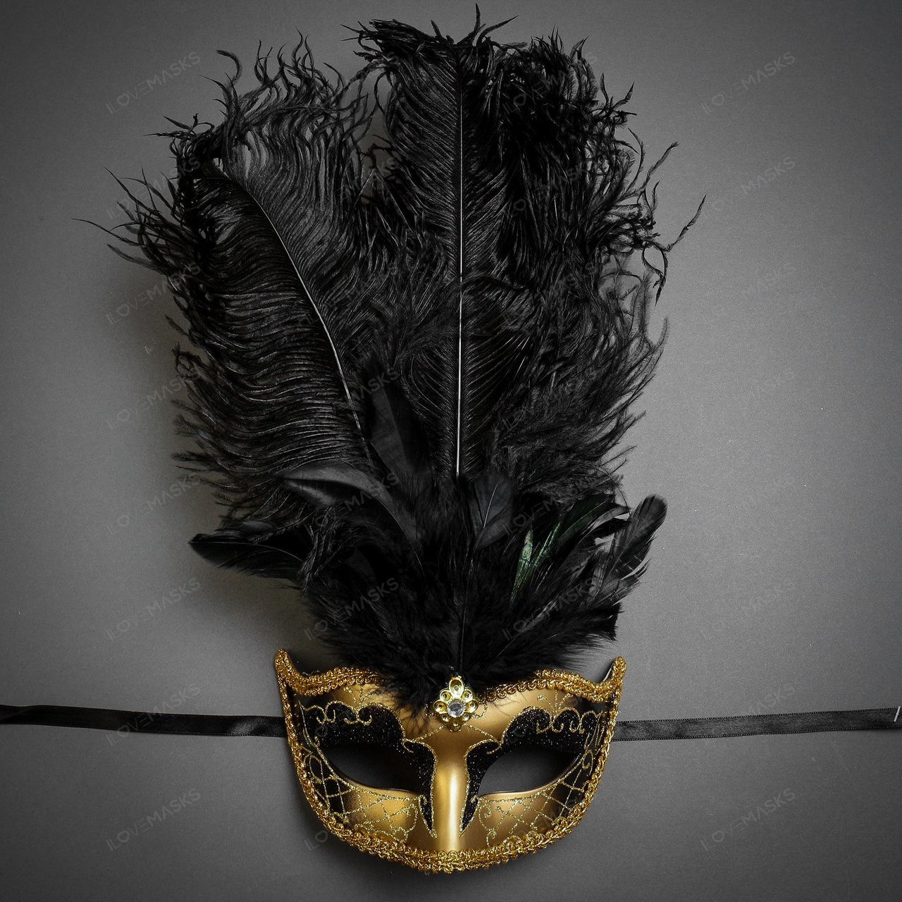 Black & Gold Peacock Masquerade Mask with Feathers Venetian Details for Women 