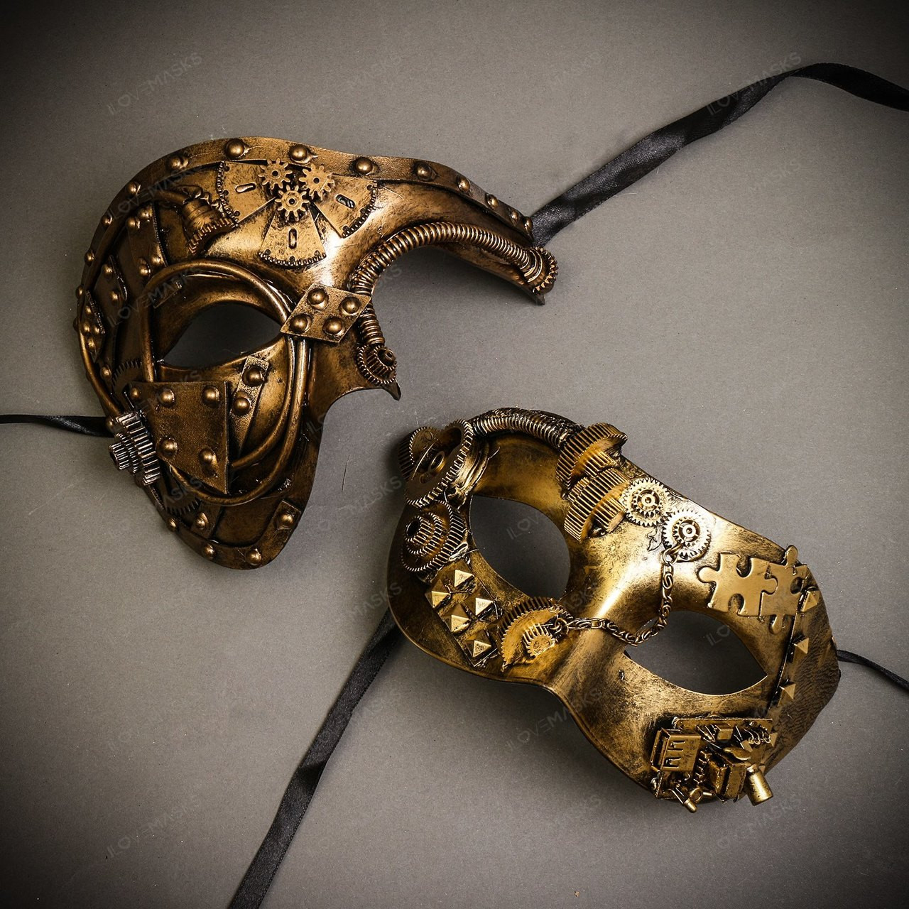 Gold Steampunk Half Face Phantom Of The Opera & Gold Steampunk Eye Mask Couple Masks Set Gold Steampunk Half Face Phantom Of The Opera & Gold Steampunk Eye Mask Couple Masks Set