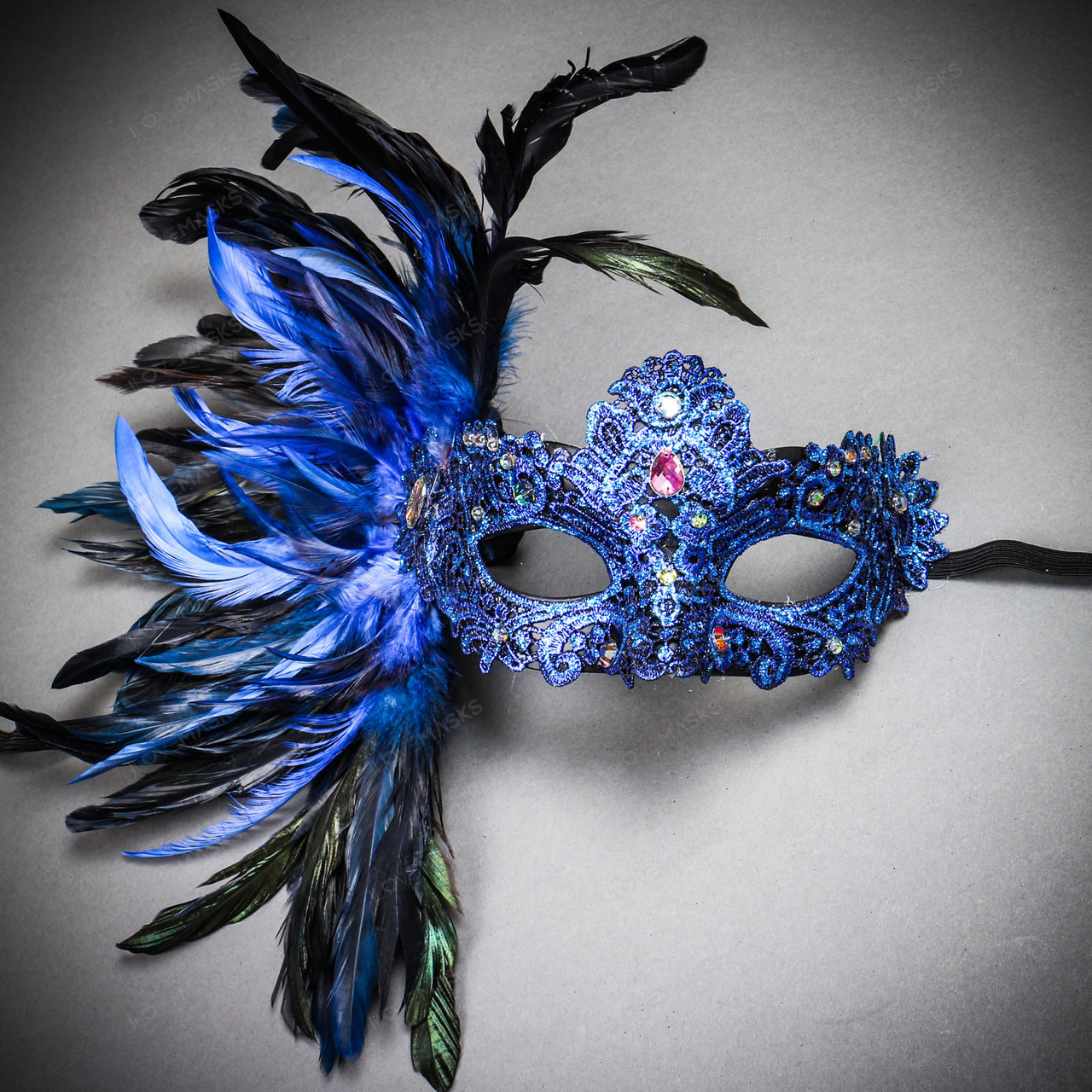 Luxury Venice Women Carnival Masquerade Venetian Mask With Side Feather Blue