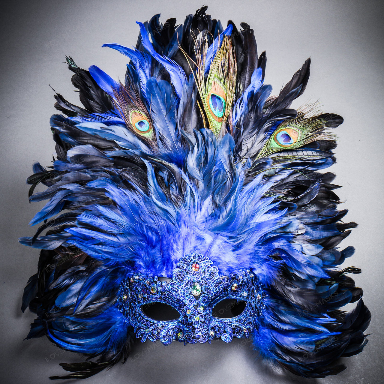 Peacock Feather Venetian Masquerade Mask for Women - Black Blue