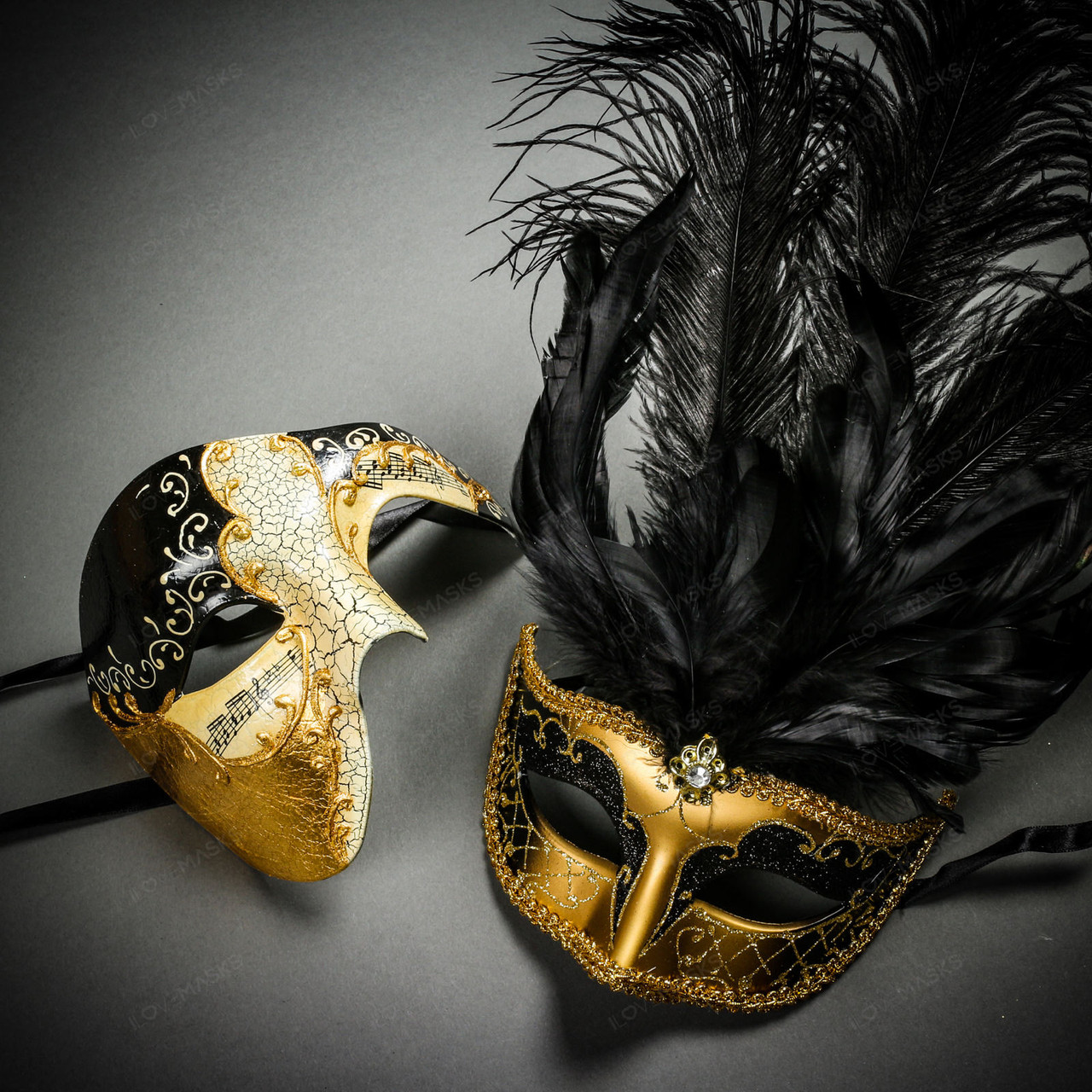 Black and Gold Mardi Gras Mask with Feather - Each