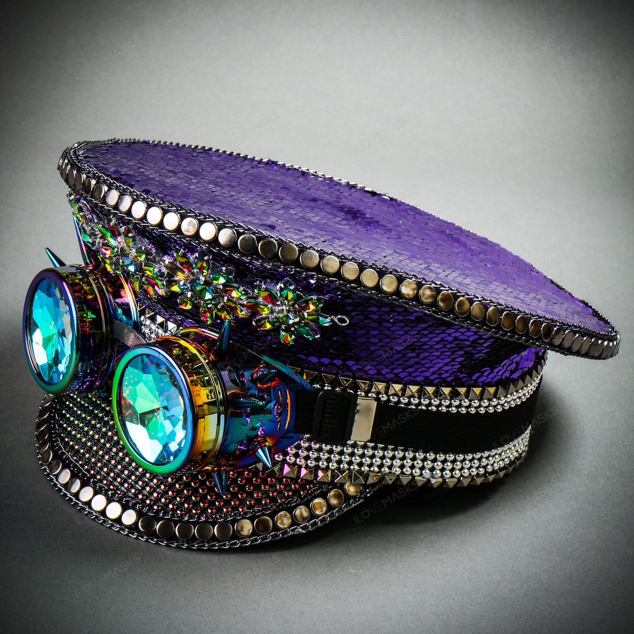 Steampunk Burning Man Captain Hat with Kaleidoscope 3D Goggles - Purple