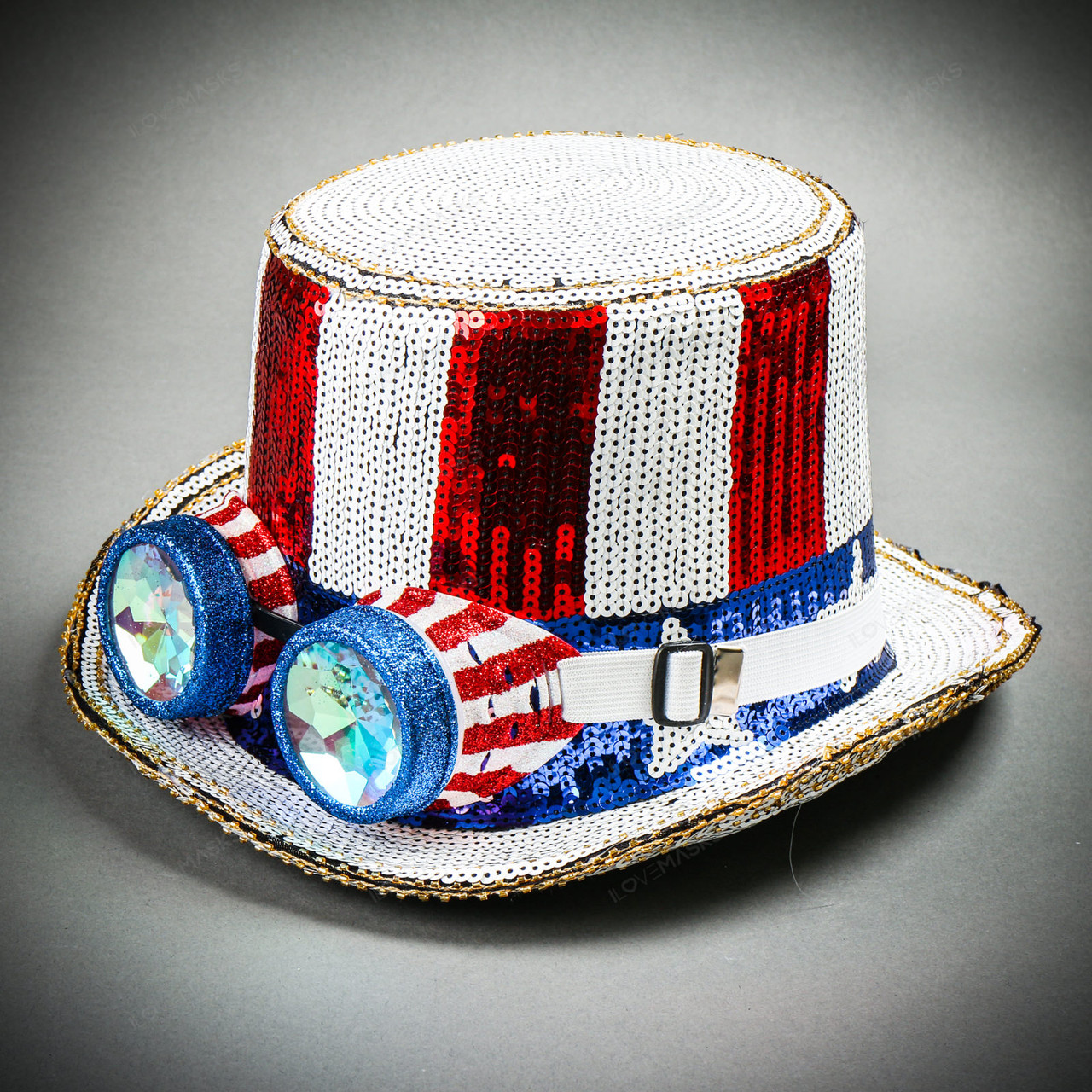 Steampunk Burning Man Uncle Sam Hat with USA Glitter Kaleidoscope 3D  Goggles USA