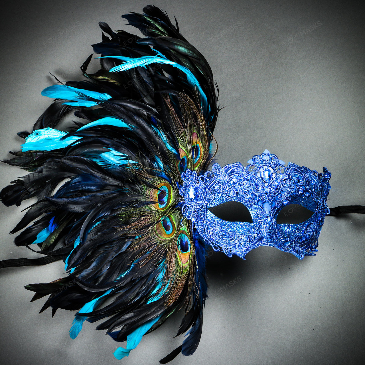 Blue Fabric Venetian Feather Paper Mache Mask SKU 7F - VENICE BUYS
