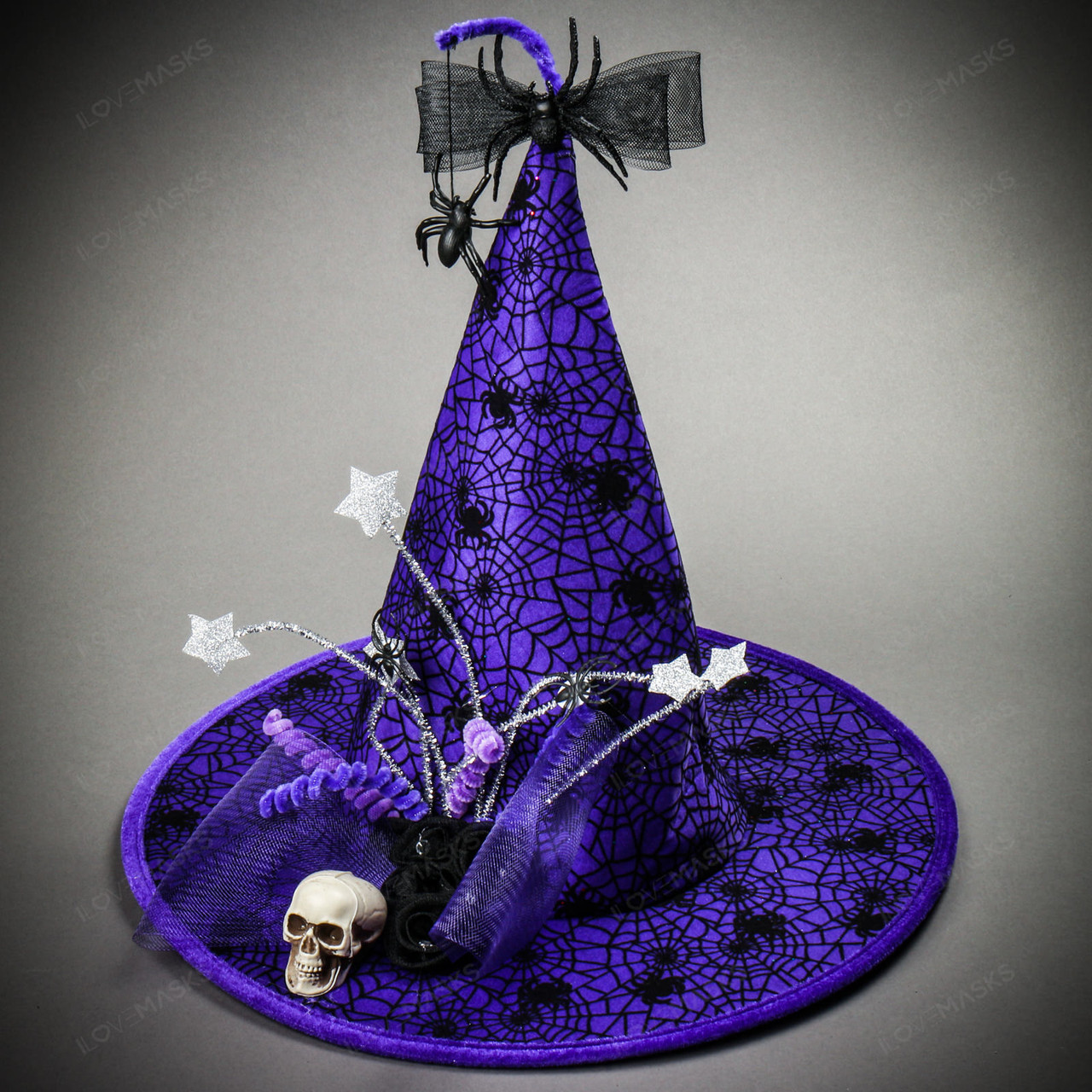 Witch Hat w/ Skull Hanging Spider Purple