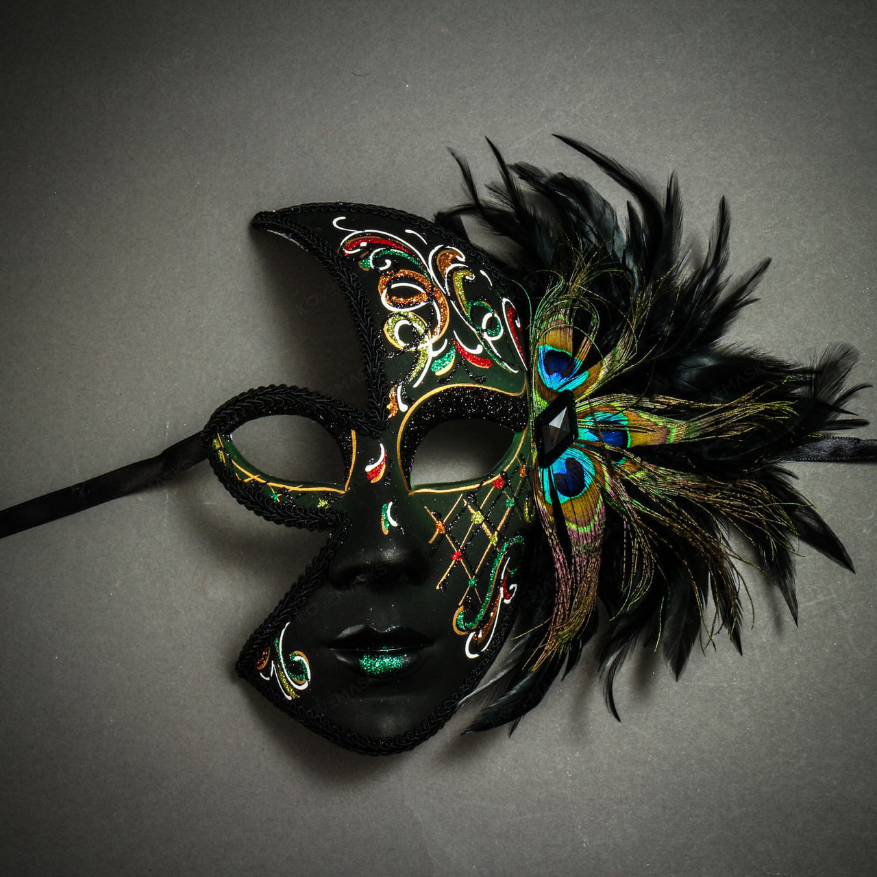 Forum Deluxe Half Mask with Peacock Feathers, Green, One Size
