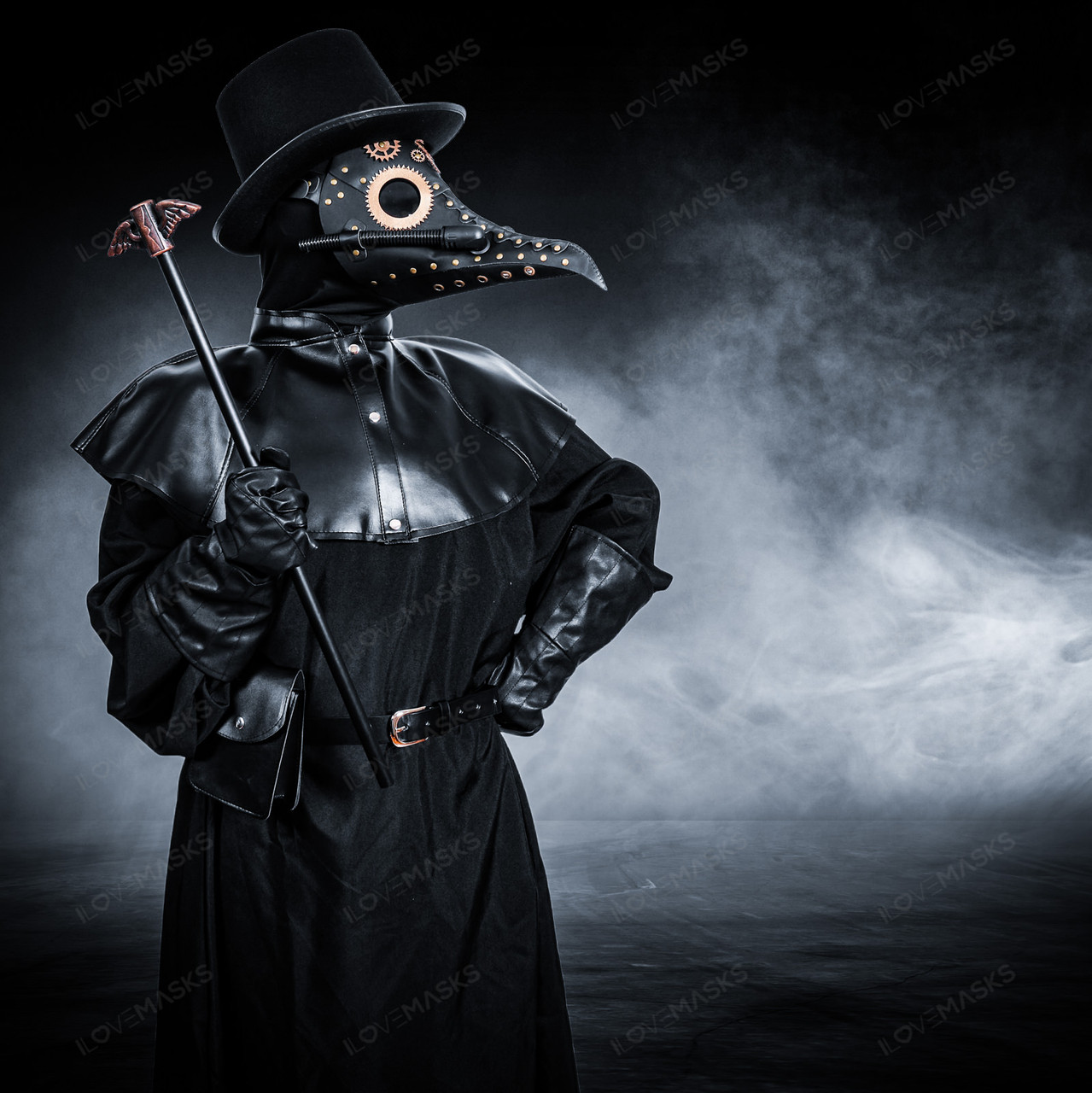 Plague Doctor with Steampunk Mask & Top Hat Full Costume Set - Black Silver