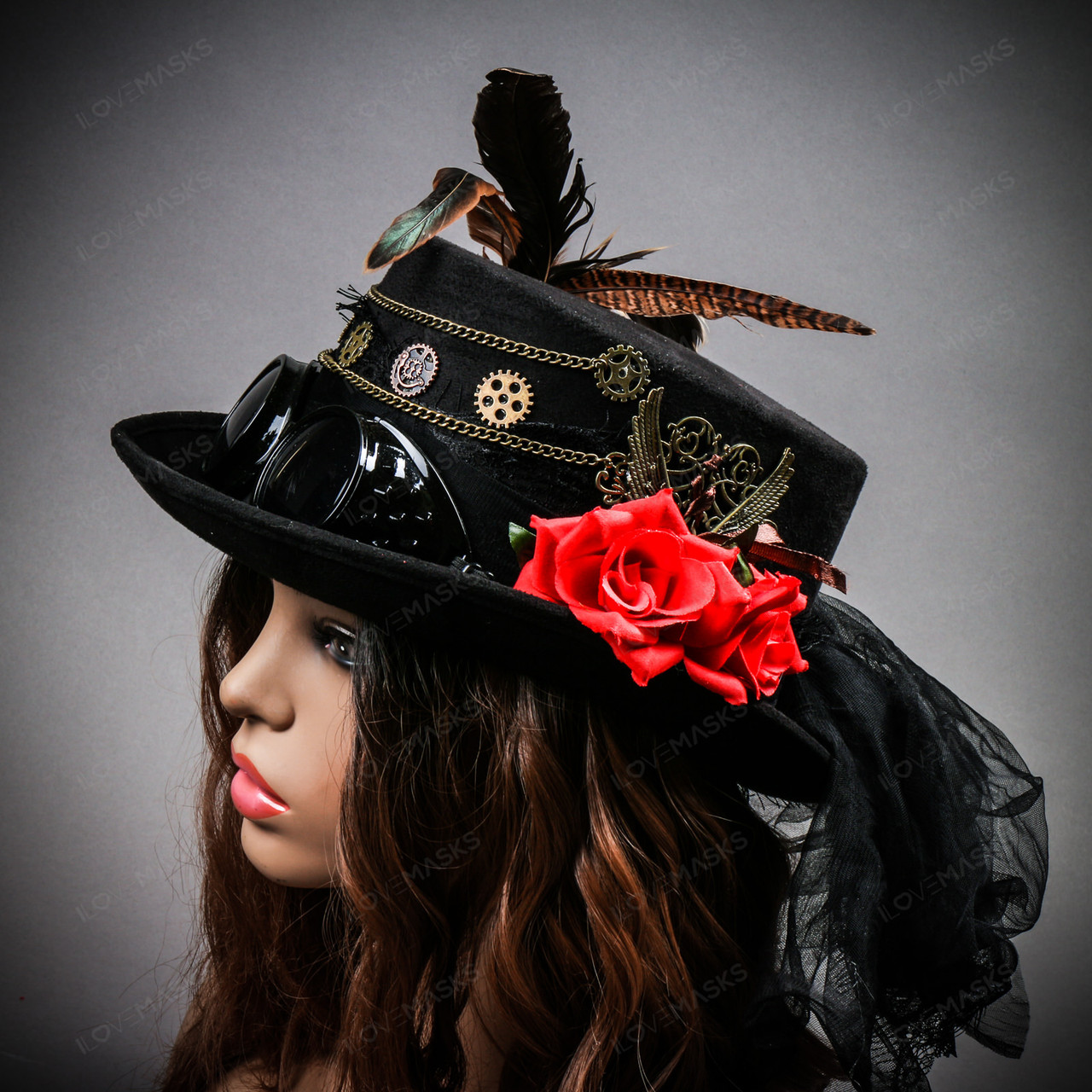 Women Steampunk Cosplay Goggles Victorian Top Hat with Lace - Black