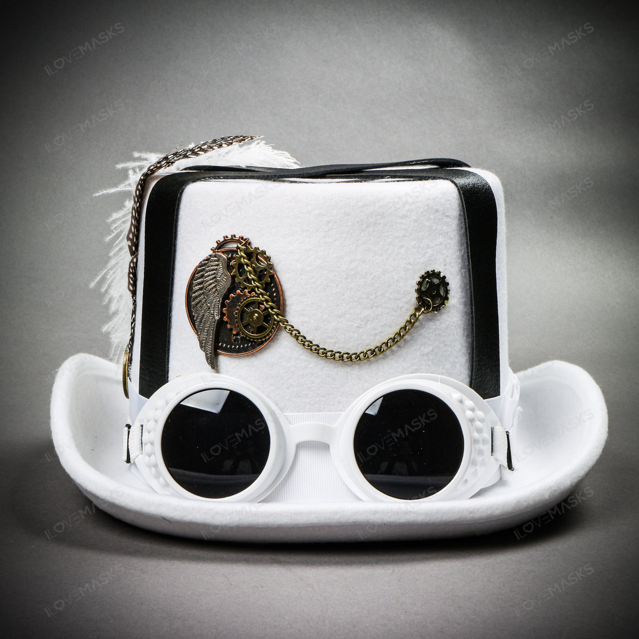 Steampunk Wing Chain Feather Top Hat - White - ILOVEMASKS.COM