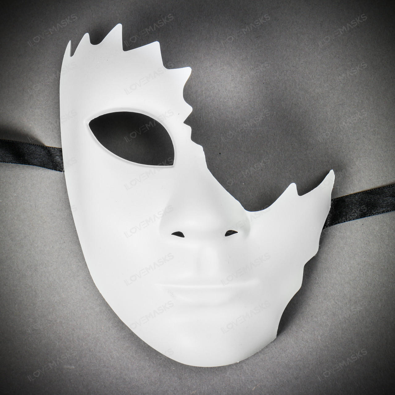Unpainted Half Face Cracked Phantom Masquerade Mask - White 