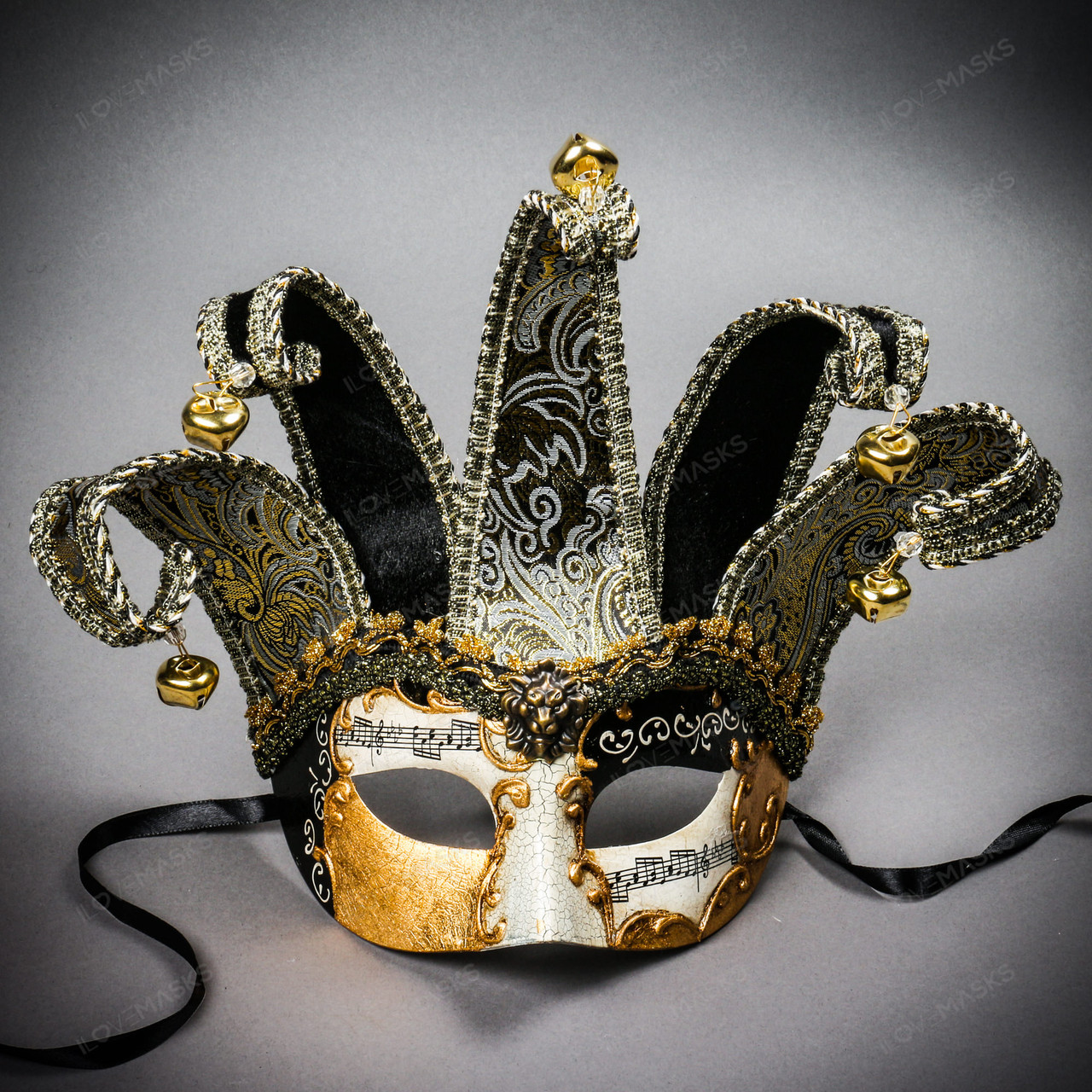 Jester Joker Venetian Masquerade Full Face Mask with Bells - Black