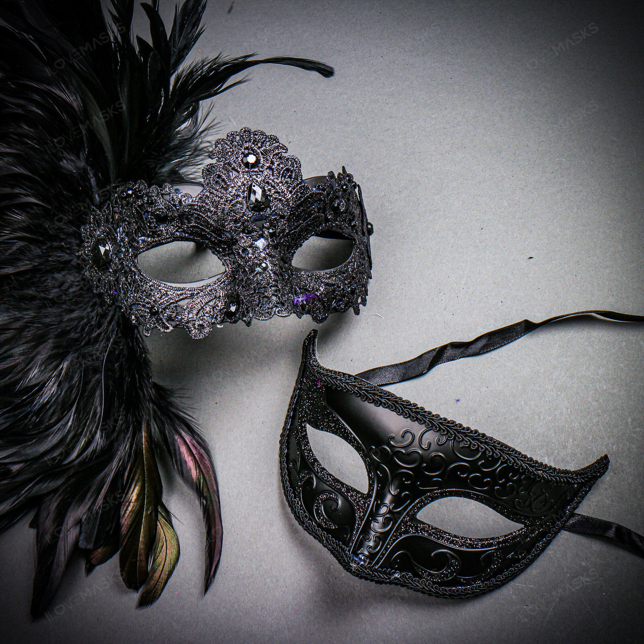 Venetian Classic Black Eye Mask and Laces Side Feather Masquerade Party Couple  Masks - ILOVEMASKS.COM