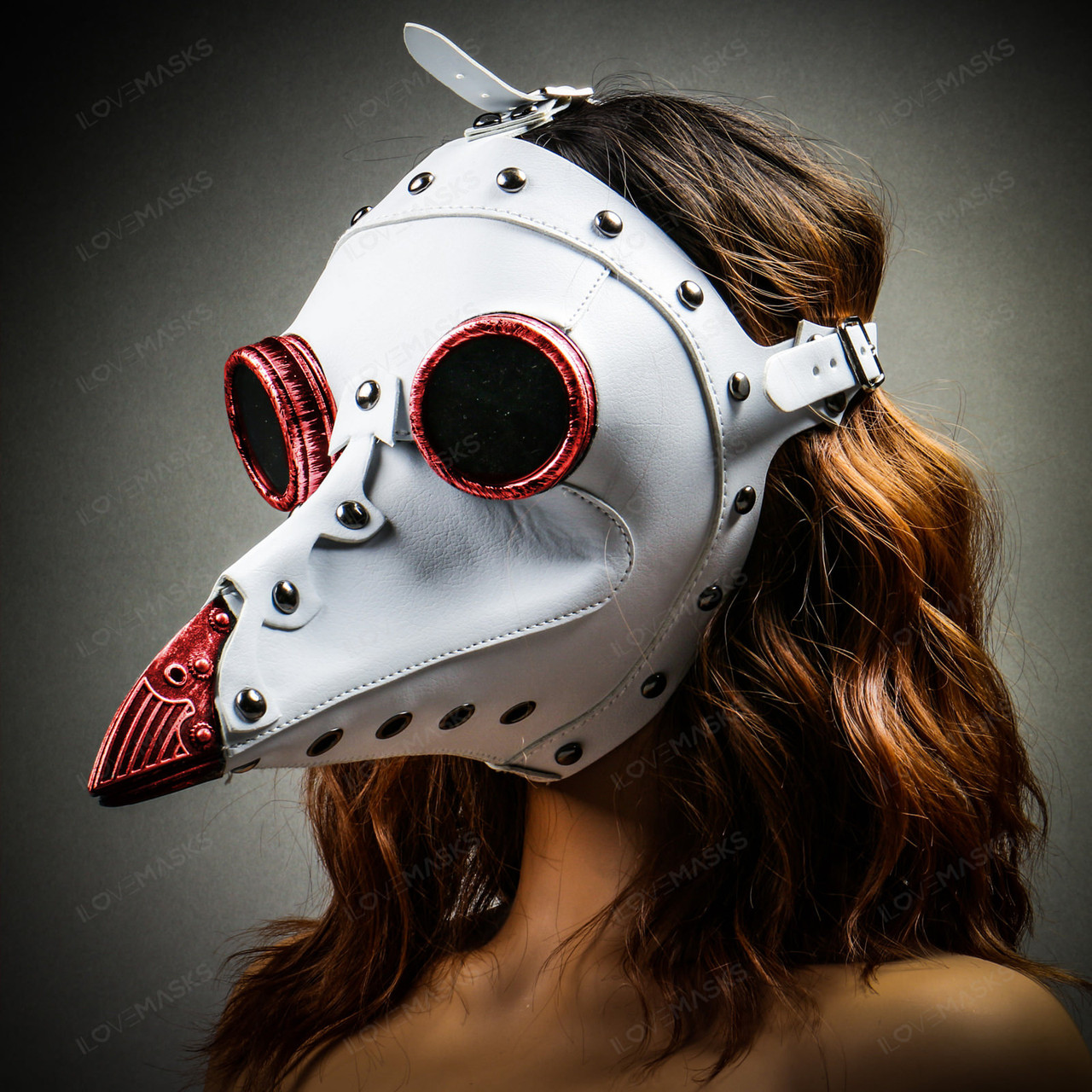 Steampunk Plague Doctor with Goggle Short Bird Beak Mask - White Red ...