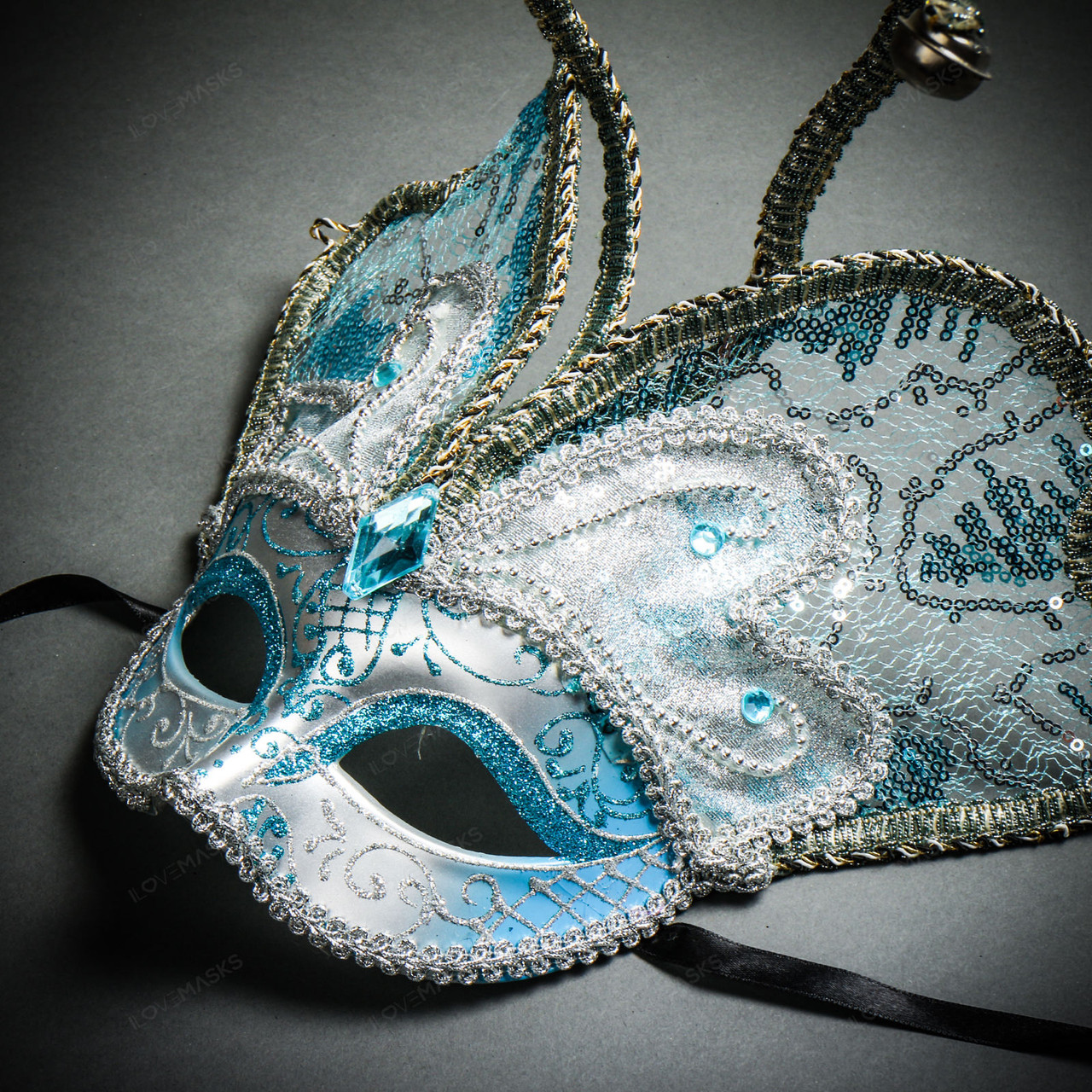 Butterfly Glitter Mardi Gras Party Masquerade Mask - Blue Silver