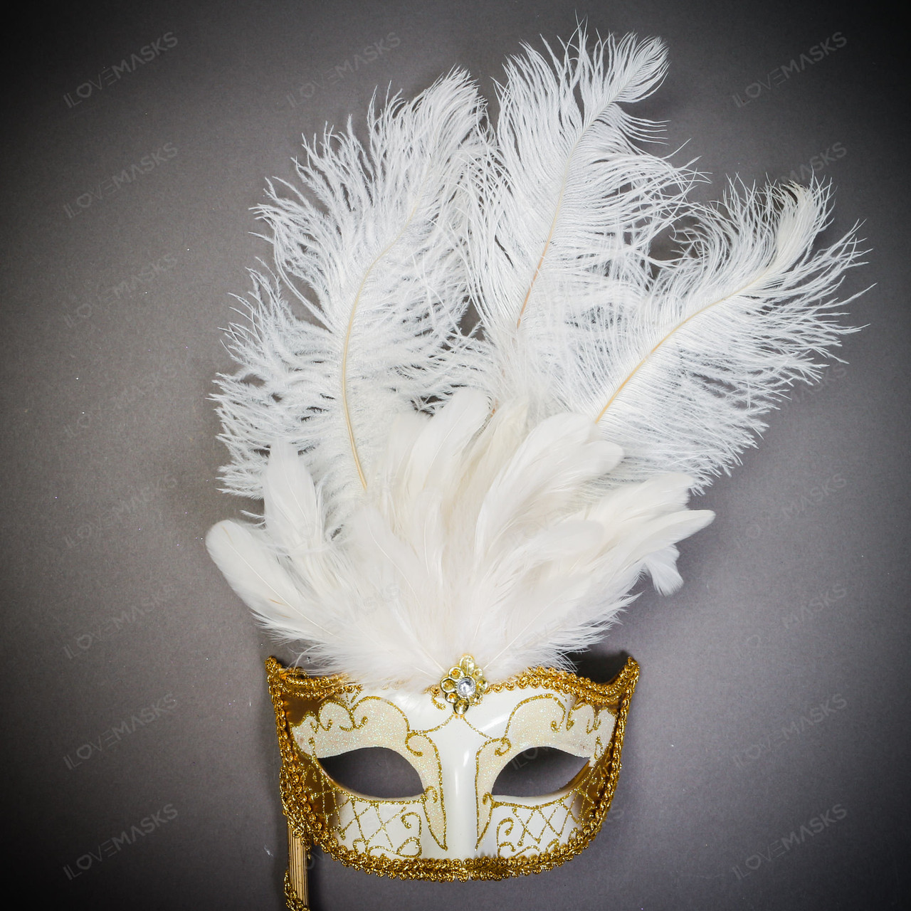 Venetian Glitter Crystal Masquerade Party Mask with Feather and Stick -  White Gold